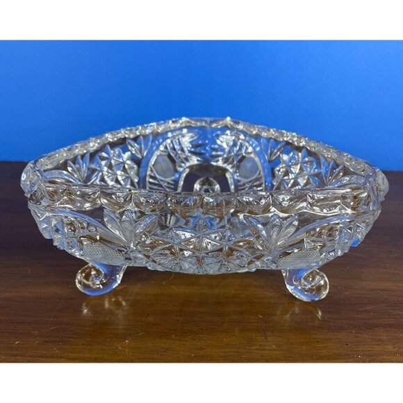 Vintage Clear Tri-Footed Triangle Cut Glass Dish No Lid Star Design - Picture 5 of 16
